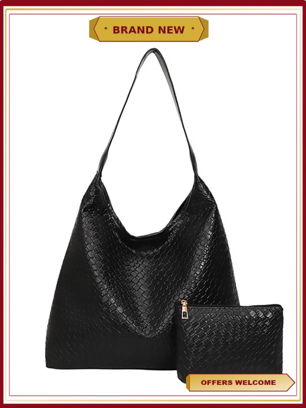 Woven Hobo Shoulder Bag Vegan PU Leather Magnetic Snap with Clutch Pouch